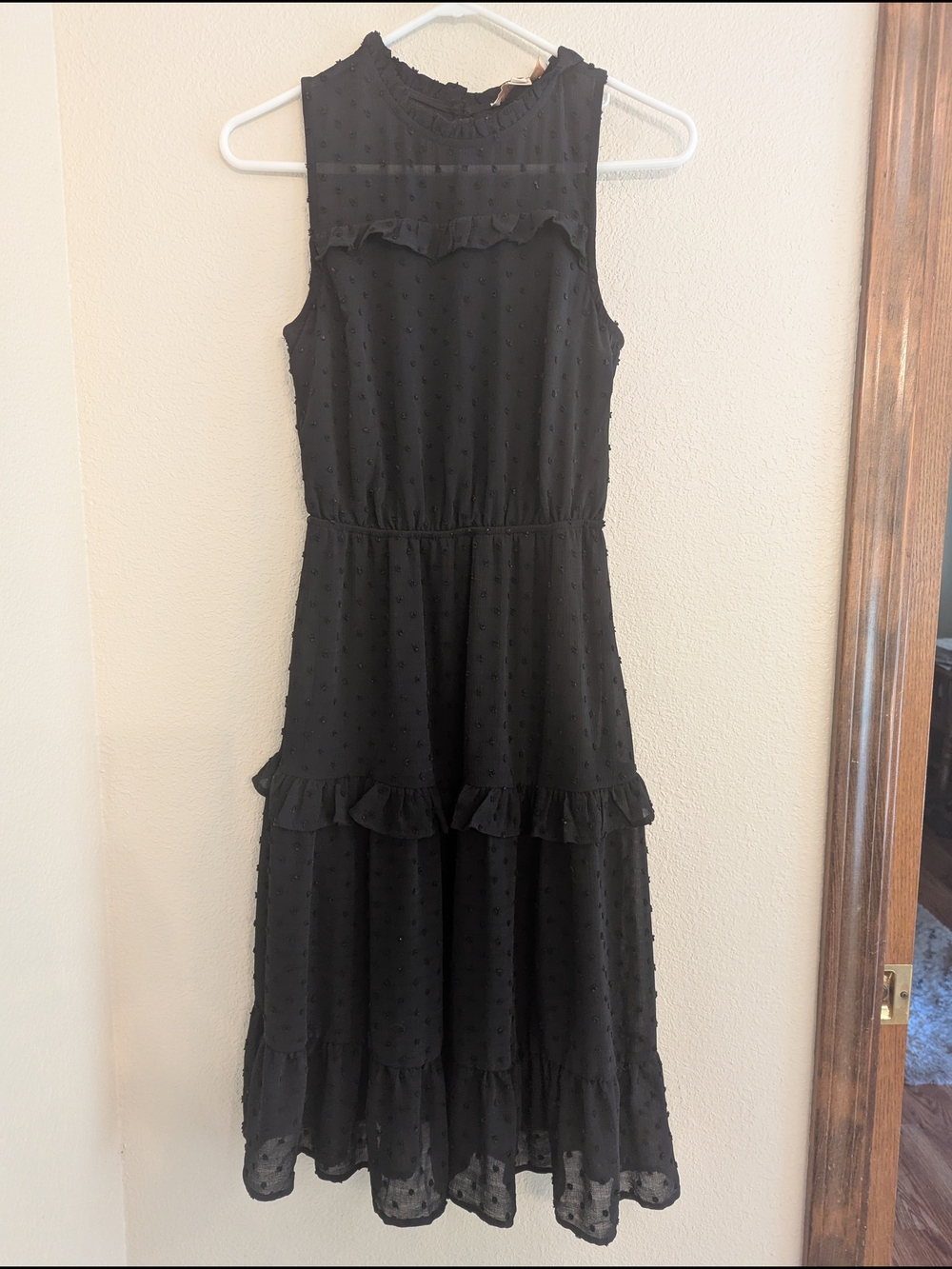 Sleeveless Black Swiss Dot Ruffle Midi Dress